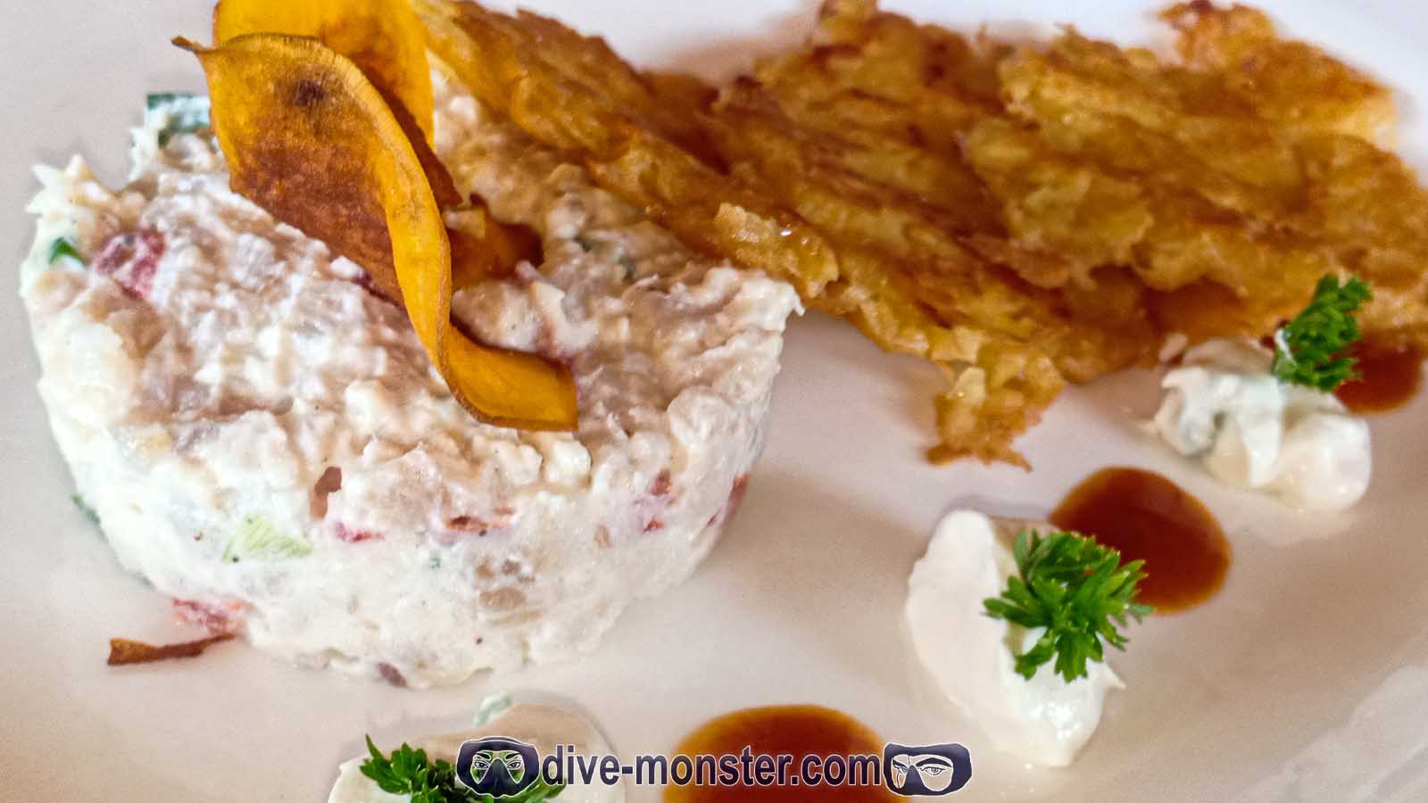 Home Smoked Fish Tartar with Sour Cream and Potato Roesti